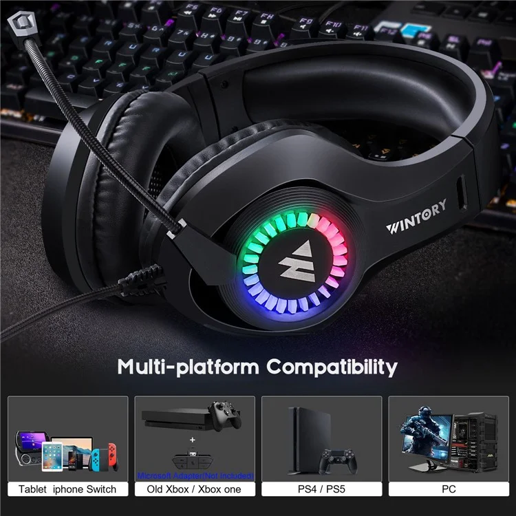 Wintory M3 Wired Over-Ear E-sports Headphone Ergonomic Computer Gaming Headset Avec Rvb Light