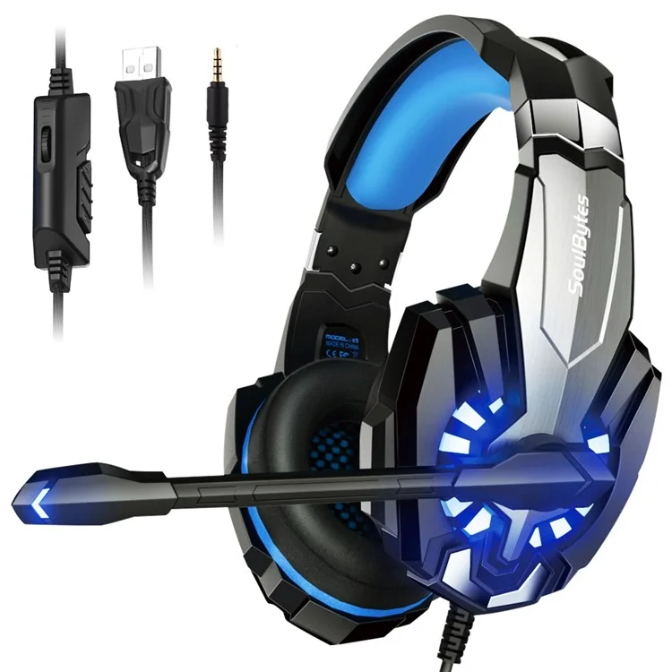 SOULBYTES S9 USB+3.5mm Wired Over-Ear Heavy Bass E-sports Headphone Volume Adjustable Gaming Headset with LED Light - Black / Blue