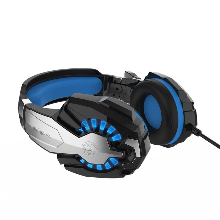 SOULBYTES S9 USB+3.5mm Wired Over-Ear Heavy Bass E-sports Headphone Volume Adjustable Gaming Headset with LED Light - Black / Blue