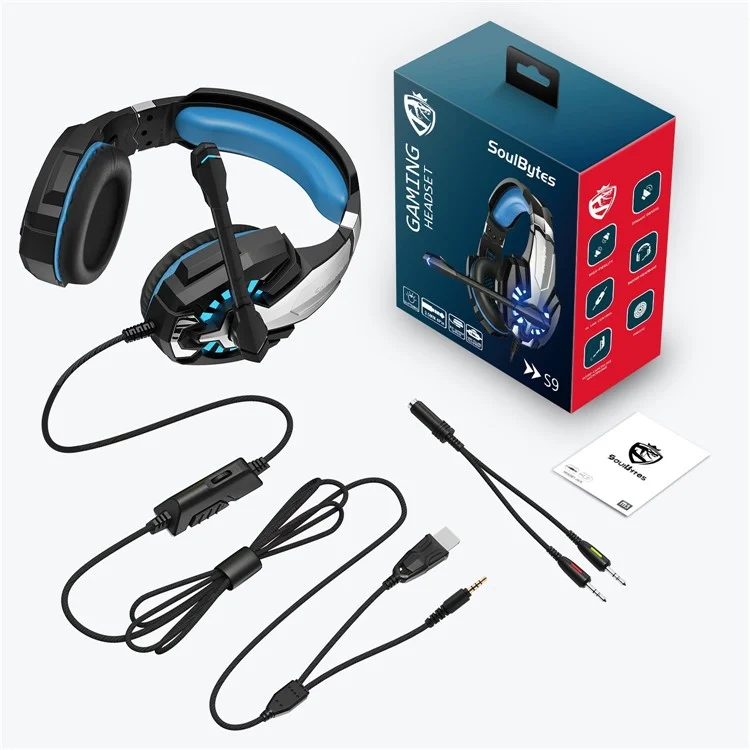 SOULBYTES S9 USB+3.5mm Wired Over-Ear Heavy Bass E-sports Headphone Volume Adjustable Gaming Headset with LED Light - Black / Blue