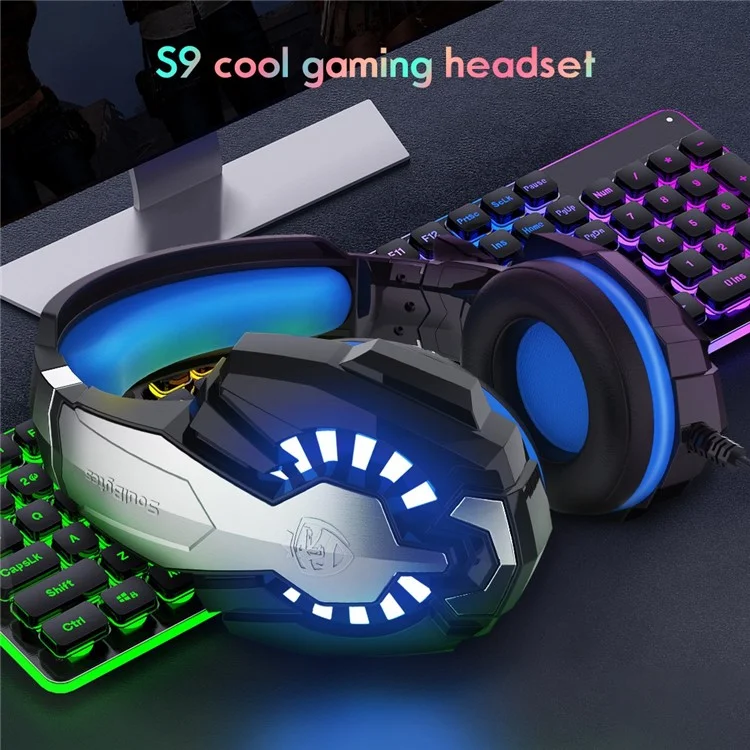 SOULBYTES S9 USB+3.5mm Wired Over-Ear Heavy Bass E-sports Headphone Volume Adjustable Gaming Headset with LED Light - Black / Blue