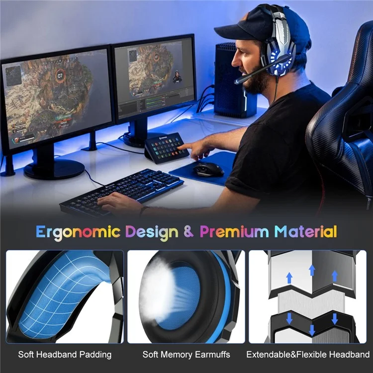 SOULBYTES S9 USB+3.5mm Wired Over-Ear Heavy Bass E-sports Headphone Volume Adjustable Gaming Headset with LED Light - Black / Blue