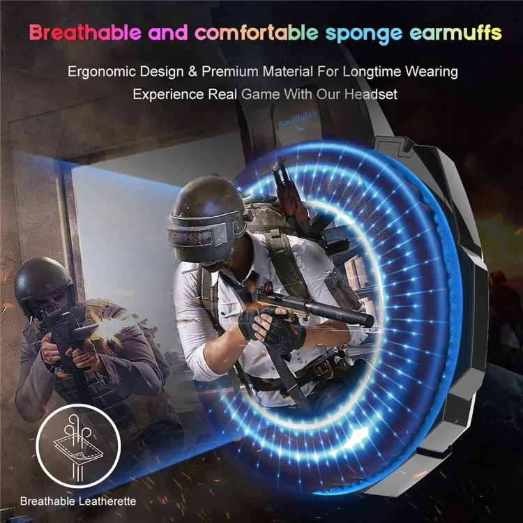 SOULBYTES S9 USB+3.5mm Wired Over-Ear Heavy Bass E-sports Headphone Volume Adjustable Gaming Headset with LED Light - Black / Blue