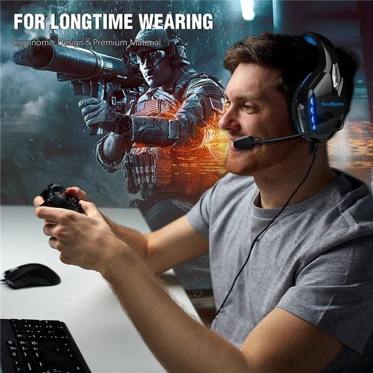 SOULBYTES S11 USB+3.5mm Wired Over-Ear E-sports Headphone Cool LED Light Gaming Headset with Rotatable Microphone - Blue