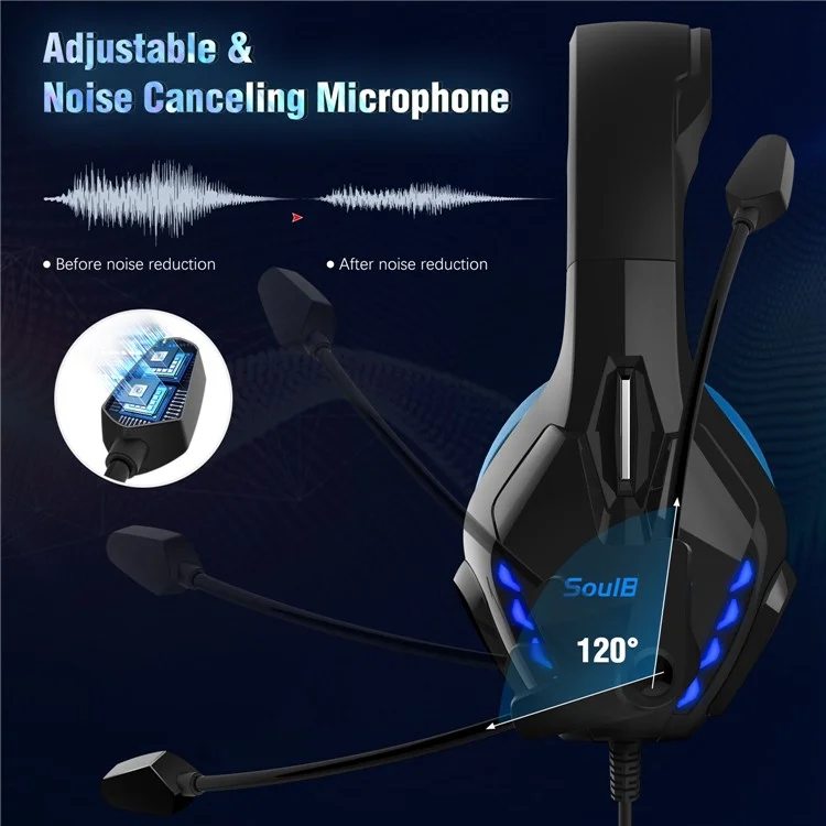 SOULBYTES S11 USB+3.5mm Wired Over-Ear E-sports Headphone Cool LED Light Gaming Headset with Rotatable Microphone - Blue
