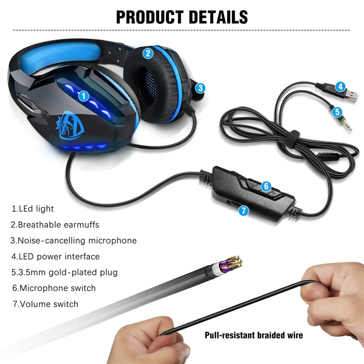 SOULBYTES S11 USB+3.5mm Wired Over-Ear E-sports Headphone Cool LED Light Gaming Headset with Rotatable Microphone - Blue