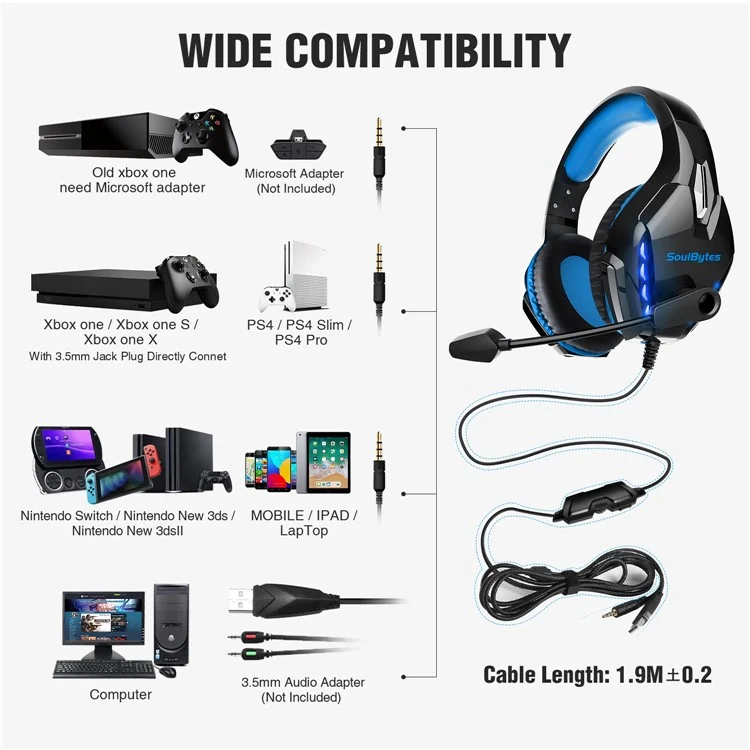 SOULBYTES S11 USB+3.5mm Wired Over-Ear E-sports Headphone Cool LED Light Gaming Headset with Rotatable Microphone - Blue