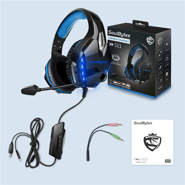 SOULBYTES S11 USB+3.5mm Wired Over-Ear E-sports Headphone Cool LED Light Gaming Headset with Rotatable Microphone - Blue