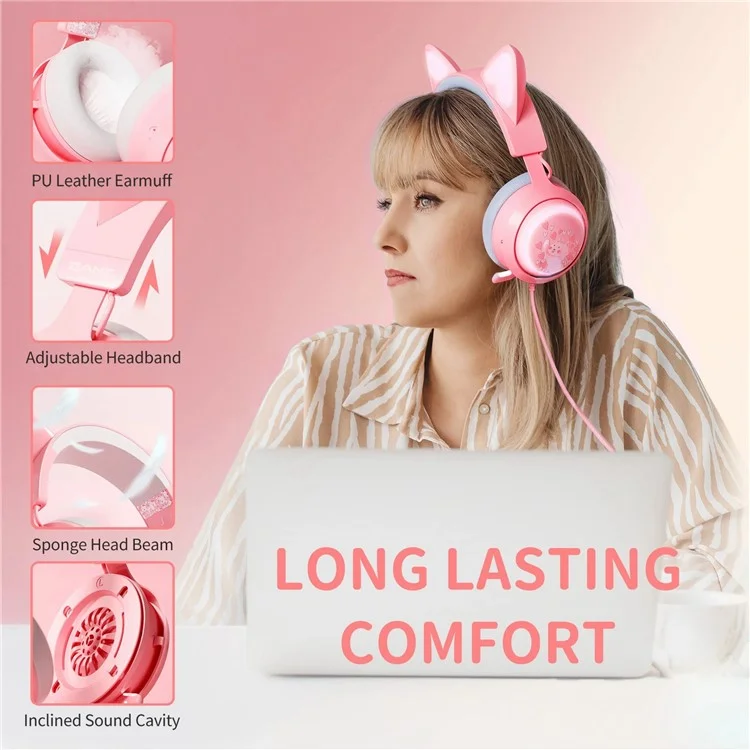 SOMIC GS510 Cat Ear Design USB+3.5mm Wired Over-Ear E-sports Headphone Music Gaming Headset with LED Light - Pink