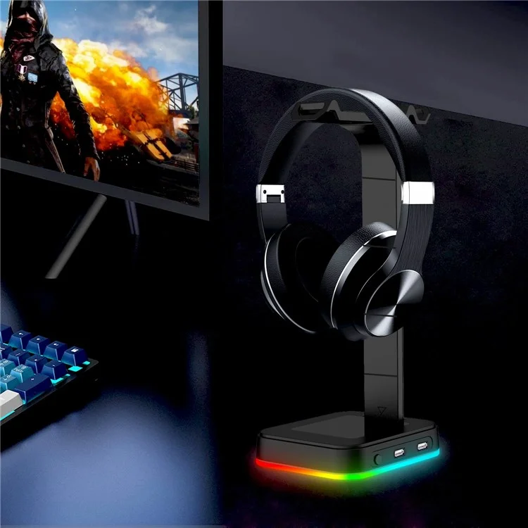 RGBD9  RGB Color Changing Light Headset Rack Holder Dual USB Hub Gaming Headset Display Stand