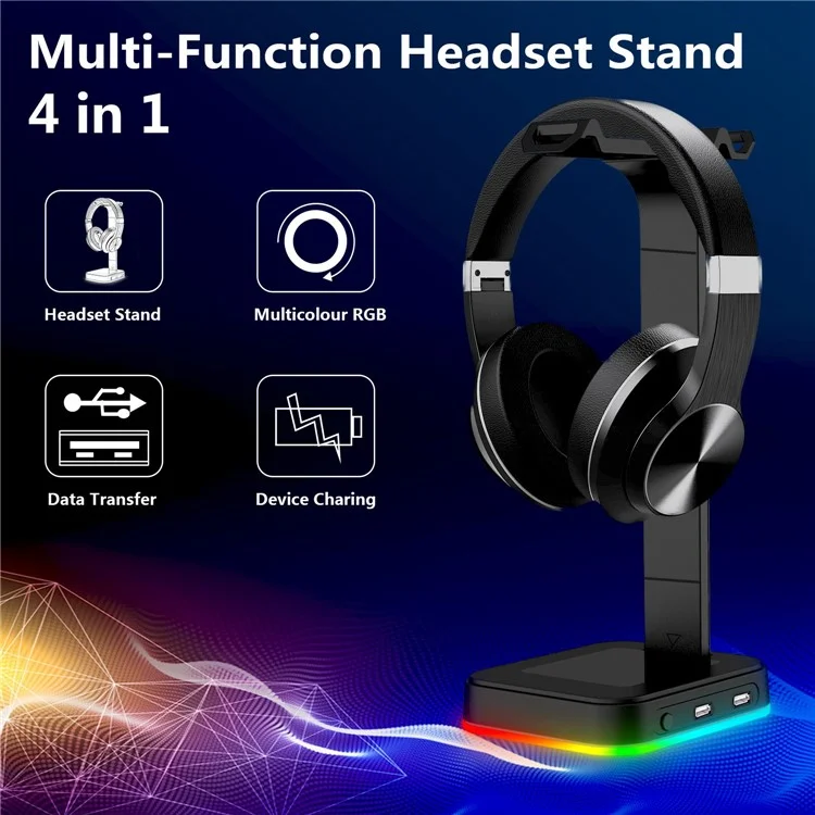 RGBD9  RGB Color Changing Light Headset Rack Holder Dual USB Hub Gaming Headset Display Stand