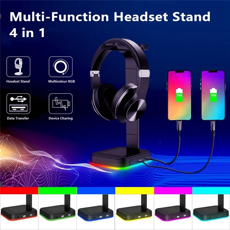 RGBD9  RGB Color Changing Light Headset Rack Holder Dual USB Hub Gaming Headset Display Stand