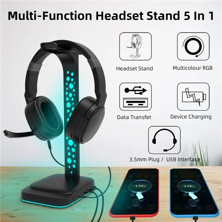 G2 RGB Headphone Stand Gaming Headset Holder Gaming Headset Desk Hook Hanger Mount with 2 USB Chargers and 9 Light Modes