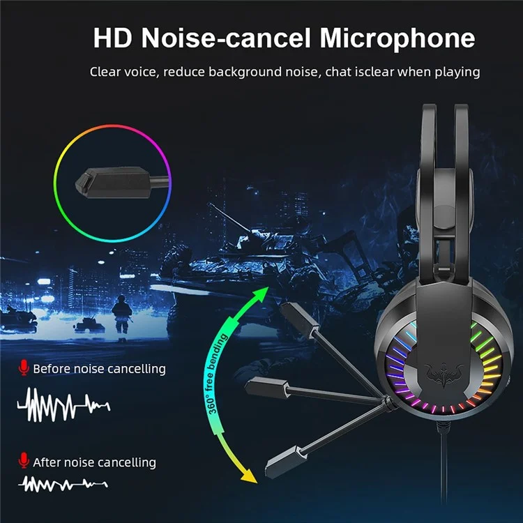 OVLENG GT68 RGB Wired Gaming Headset Over-Ear E-sports Headphone USB+3.5mm Adjustable Headset with Mic - Black