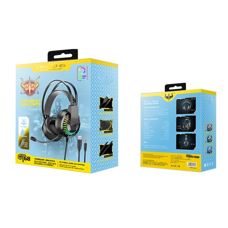 OVLENG GT68 RGB Wired Gaming Headset Over-Ear E-sports Headphone USB+3.5mm Adjustable Headset with Mic - Black