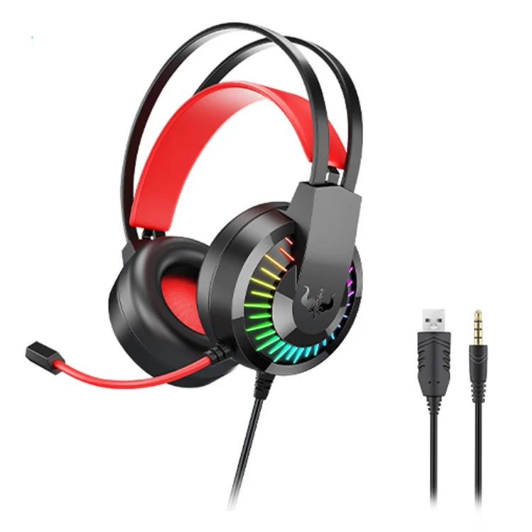 OVLENG GT68 RGB Wired Gaming Headset Over-Ear E-sports Headphone USB+3.5mm Adjustable Headset with Mic - Black  /  Red