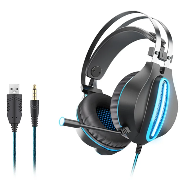 OVLENG GT62 USB+3.5mm Wired Over-Ear E-sports Headphone Cool LED Lighting Gaming Headset with Rotatable Microphone - Black  /  Blue