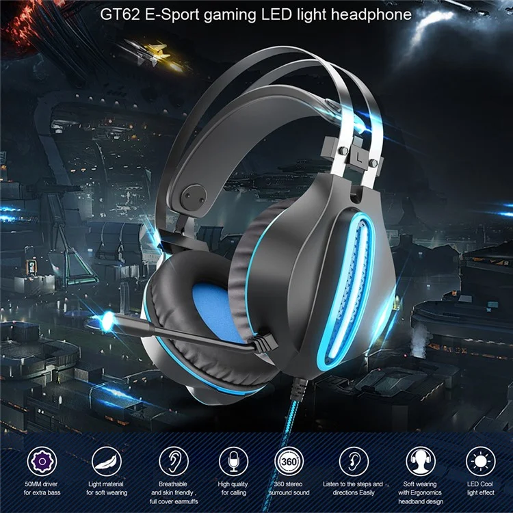 OVLENG GT62 USB+3.5mm Wired Over-Ear E-sports Headphone Cool LED Lighting Gaming Headset with Rotatable Microphone - Black  /  Blue