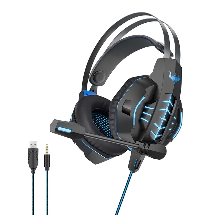 OVLENG GT63 USB+3.5mm Wired Over-Ear E-sports Headset Cool LED Lights Gaming Headphone with Rotating Microphone for Computers, Laptops - Black  /  Blue