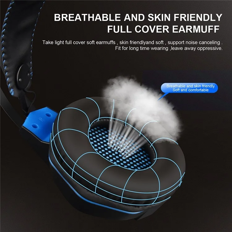 OVLENG GT63 USB+3.5mm Wired Over-Ear E-sports Headset Cool LED Lights Gaming Headphone with Rotating Microphone for Computers, Laptops - Black  /  Blue