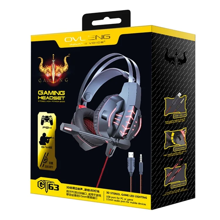 OVLENG GT63 USB+3.5mm Wired Over-Ear E-sports Headset Cool LED Lights Gaming Headphone with Rotating Microphone for Computers, Laptops - Black  /  Blue
