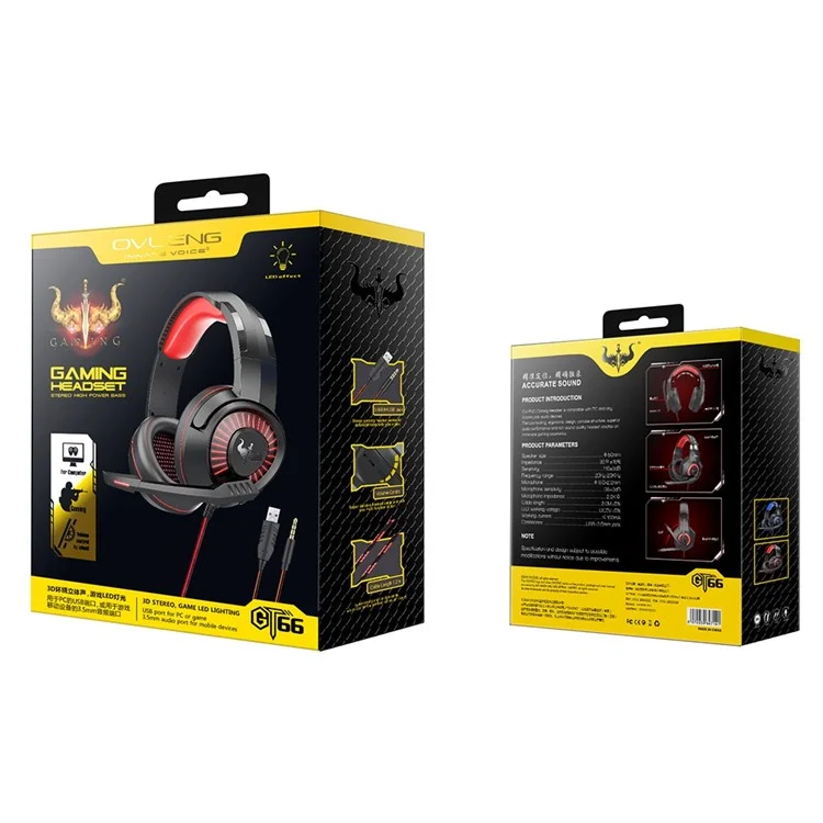 OVLENG GT66 RGB Gaming Headset Head-mounted Headphones with Noise-canceling Microphone, USB+3.5mm Plug - Black  /  Blue