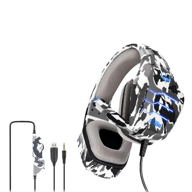 OVLENG GT88 USB+3.5mm Wired Over-Ear Gaming Headphone Camouflage Ergonomic E-sports Headset with LED Light - Camouflage Grey