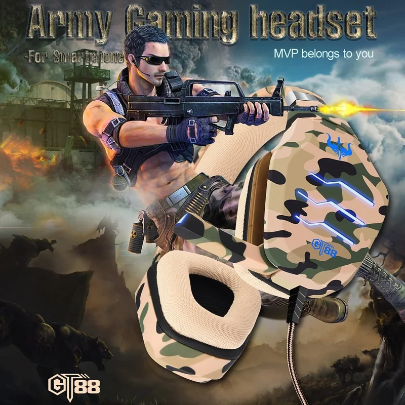 OVLENG GT88 USB+3.5mm Wired Over-Ear Gaming Headphone Camouflage Ergonomic E-sports Headset with LED Light - Camouflage Grey