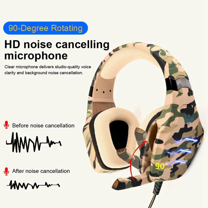 OVLENG GT88 USB+3.5mm Wired Over-Ear Gaming Headphone Camouflage Ergonomic E-sports Headset with LED Light - Camouflage Grey