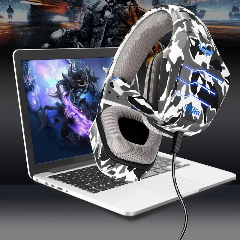OVLENG GT88 USB+3.5mm Wired Over-Ear Gaming Headphone Camouflage Ergonomic E-sports Headset with LED Light - Camouflage Grey