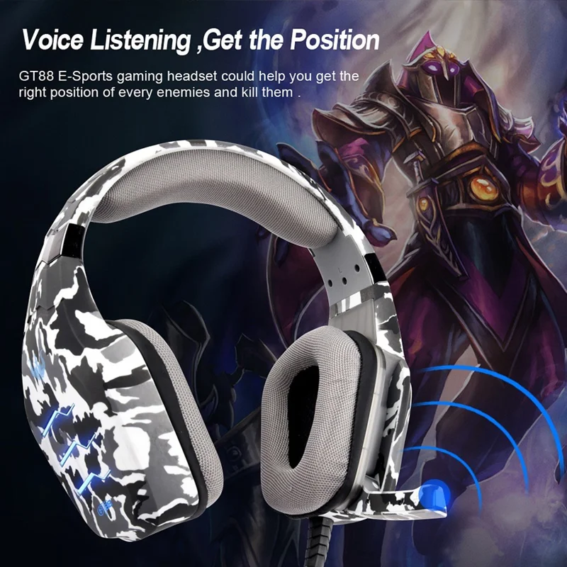 OVLENG GT88 USB+3.5mm Wired Over-Ear Gaming Headphone Camouflage Ergonomic E-sports Headset with LED Light - Camouflage Grey