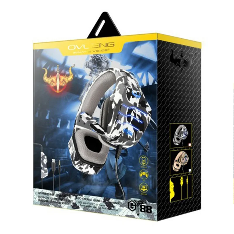OVLENG GT88 USB+3.5mm Wired Over-Ear Gaming Headphone Camouflage Ergonomic E-sports Headset with LED Light - Camouflage Grey
