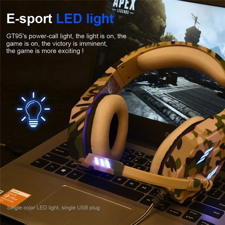 OVLENG GT95 Camouflage Design USB+3.5mm Wired Over-Ear Headphone Ergonomic E-sports Gaming Headset with LED Light - Camouflage Green