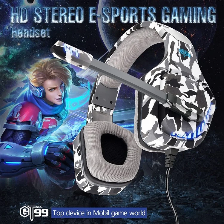 Ovleng GT99 Auriculares LED de LED Auriculares Over-ear Gaming Aurpeal Usb+auriculares Con Cable de 3.5 mm Con Micrófono de Reducción de Ruido de Rotación Micrófono - Camuflaje / Gris