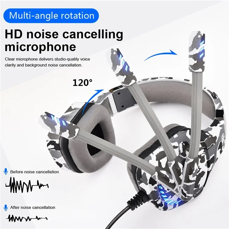 Ovleng GT99 Auriculares LED de LED Auriculares Over-ear Gaming Aurpeal Usb+auriculares Con Cable de 3.5 mm Con Micrófono de Reducción de Ruido de Rotación Micrófono - Camuflaje / Gris