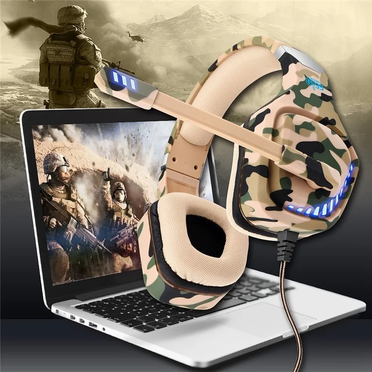 Ovleng GT99 Auriculares LED de LED Auriculares Over-ear Gaming Aurpeal Usb+auriculares Con Cable de 3.5 mm Con Micrófono de Reducción de Ruido de Rotación Micrófono - Camuflaje / Gris