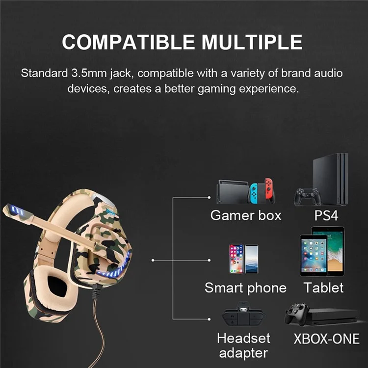 Ovleng GT99 Auriculares LED de LED Auriculares Over-ear Gaming Aurpeal Usb+auriculares Con Cable de 3.5 mm Con Micrófono de Reducción de Ruido de Rotación Micrófono - Camuflaje / Gris
