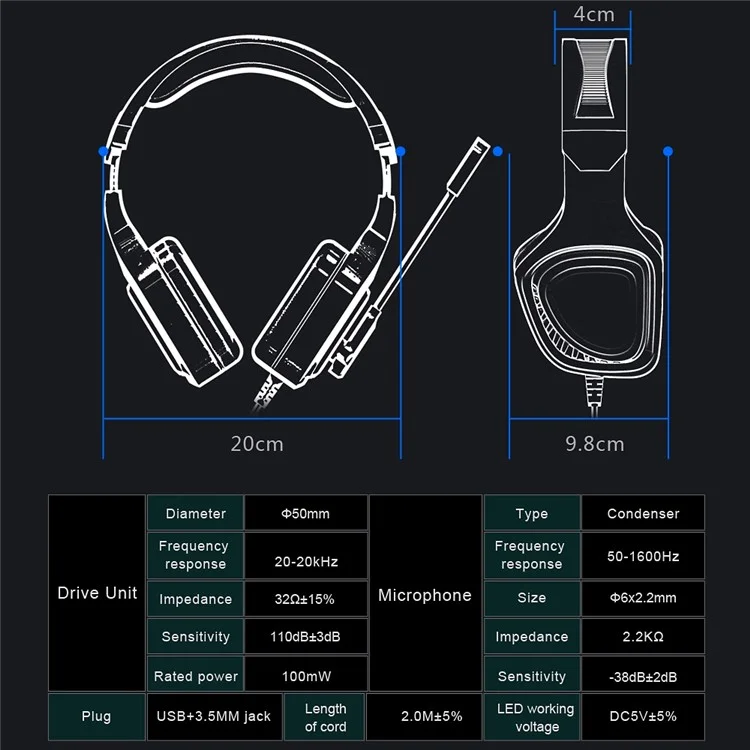 Ovleng GT99 Auriculares LED de LED Auriculares Over-ear Gaming Aurpeal Usb+auriculares Con Cable de 3.5 mm Con Micrófono de Reducción de Ruido de Rotación Micrófono - Camuflaje / Gris
