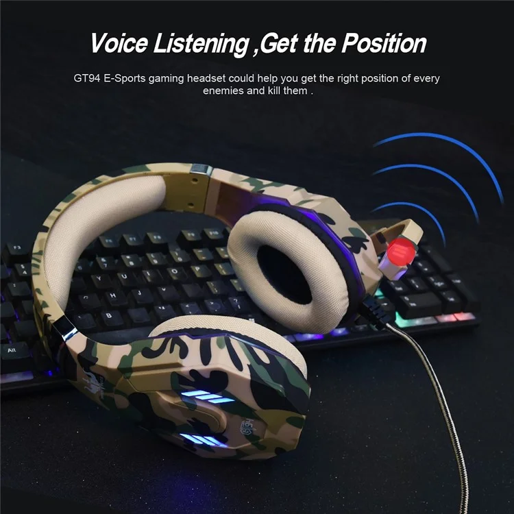 OVLENG GT94 Camouflage Style Wired Gaming Headset Over-Ear E-sports Headphone USB+2x3.5mm LED Lighting Headset with Noise-Canceling Mic - Camo Green
