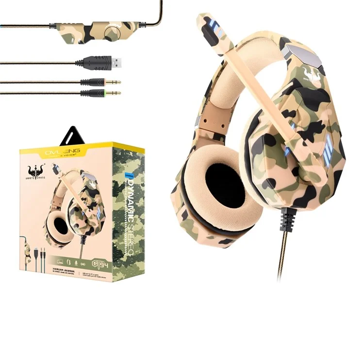 OVLENG GT94 Camouflage Style Wired Gaming Headset Over-Ear E-sports Headphone USB+2x3.5mm LED Lighting Headset with Noise-Canceling Mic - Camo Green