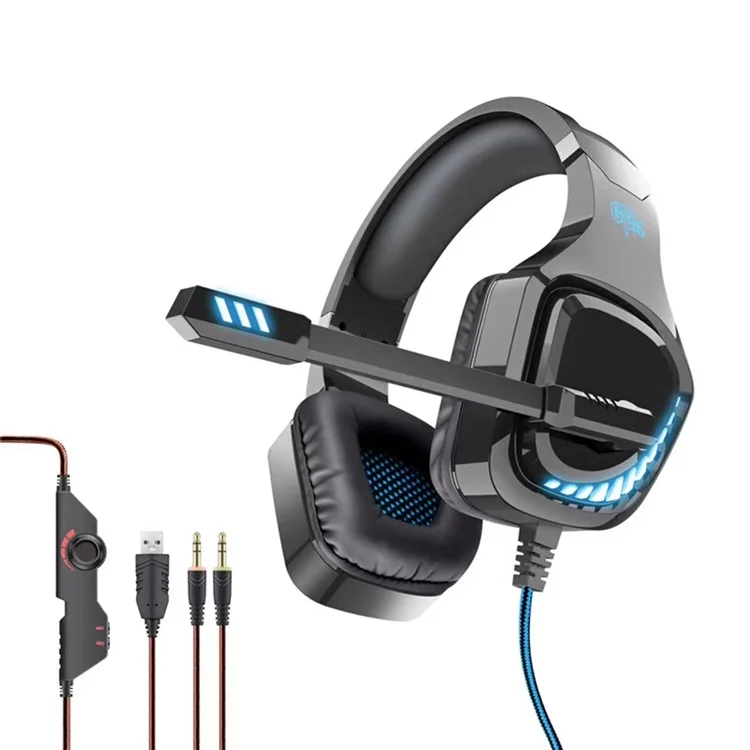 OVLENG GT96 LED Light Wired Gaming Headset USB+2x3.5mm E-sports Headphone Over-Ear 3D Stereo Headset with Noise-Canceling Mic - Black  /  Blue