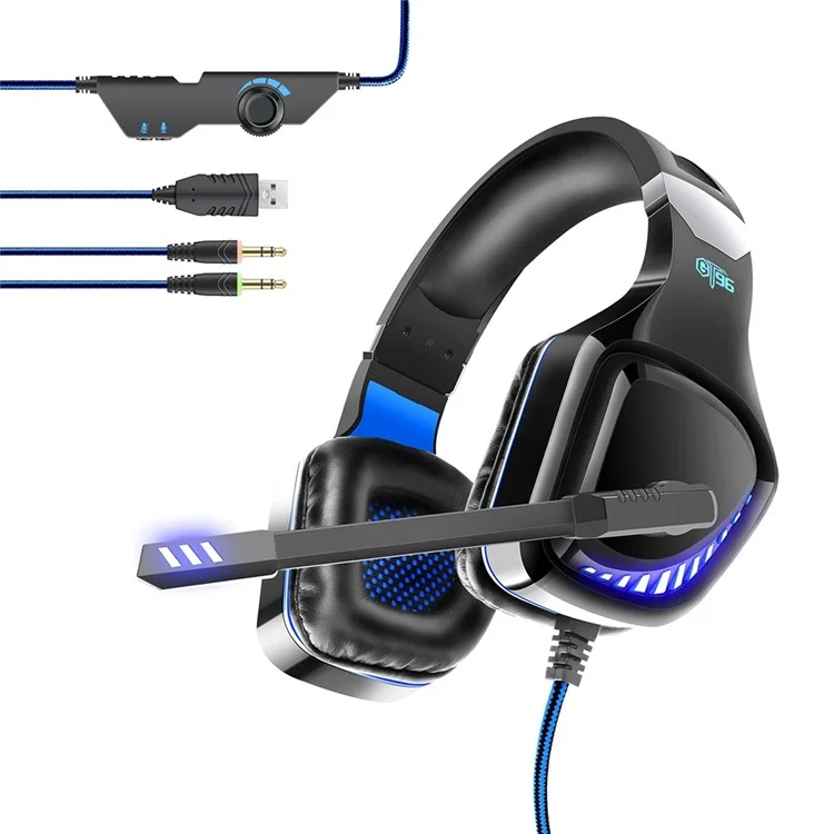 OVLENG GT96 LED Light Wired Gaming Headset USB+2x3.5mm E-sports Headphone Over-Ear 3D Stereo Headset with Noise-Canceling Mic - Black  /  Blue