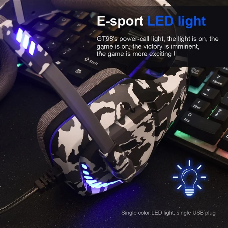 OVLENG GT98 E-sports LED Leito Levo Levo Hopet Over-ew Gaming Eareling Ponelo 2x3.5mm+fone de Ouvido Com Fio Usb Com Microfone de Redução de Ruído - Camuflar / Cinza