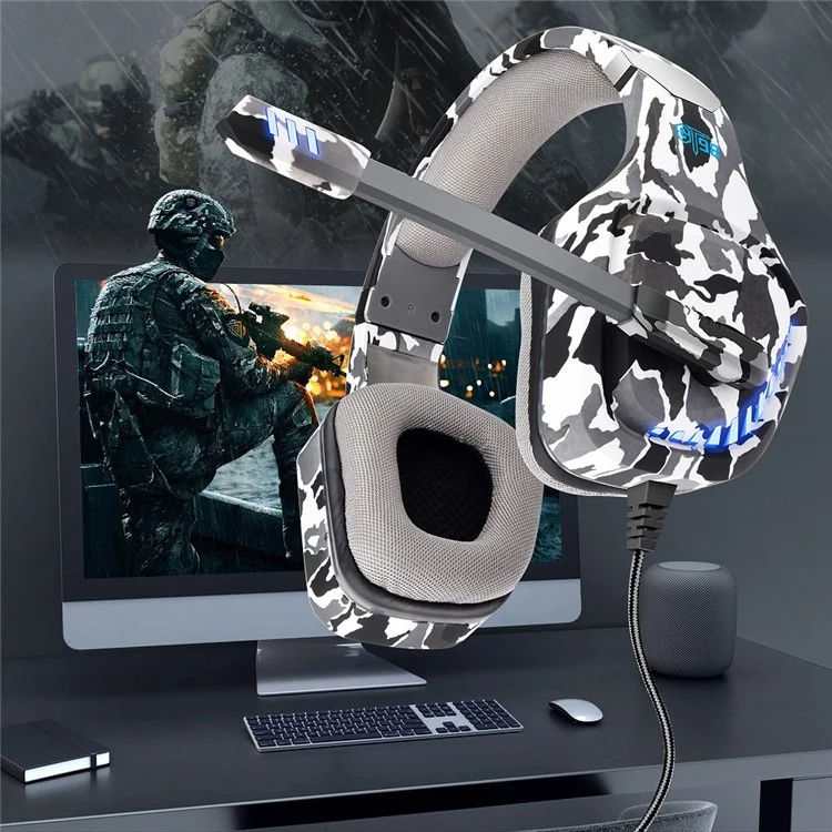 OVLENG GT98 E-sports LED Light Headset Over-ear Gaming Earphone 2x3.5mm+USB Wired Headphone with Noise Reduction Microphone - Camouflage / Green