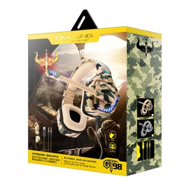 OVLENG GT98 E-sports LED Light Headset Over-ear Gaming Earphone 2x3.5mm+USB Wired Headphone with Noise Reduction Microphone - Camouflage / Green