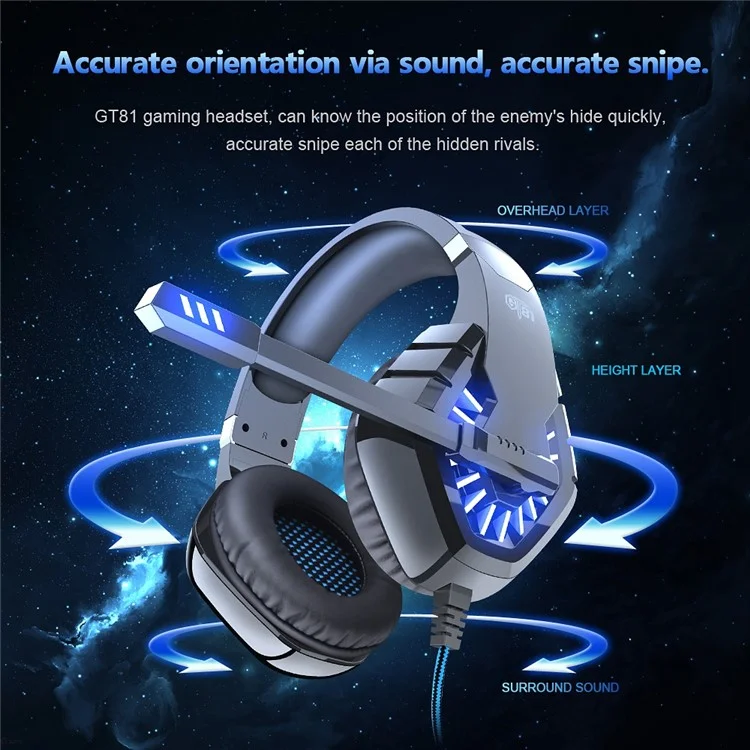 OVLENG GT81 E-sports Earphone USB+2x3.5mm Wired Headphone Noise Reduction Microphone Over-ear LED Lighting Gaming Headset - Black  /  Blue