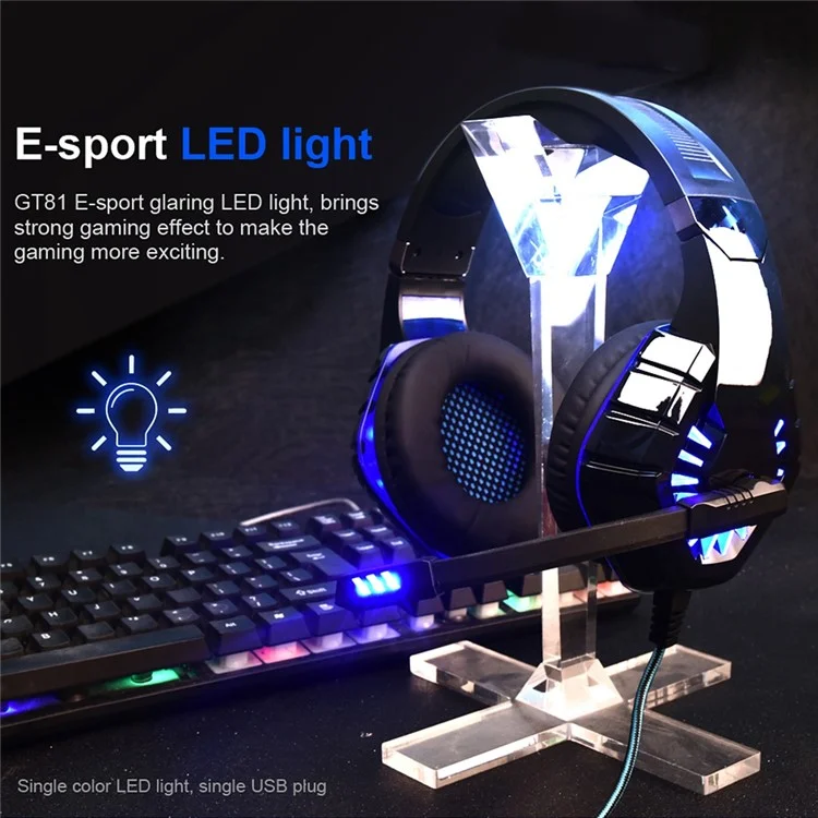 OVLENG GT81 E-sports Earphone USB+2x3.5mm Wired Headphone Noise Reduction Microphone Over-ear LED Lighting Gaming Headset - Black  /  Blue