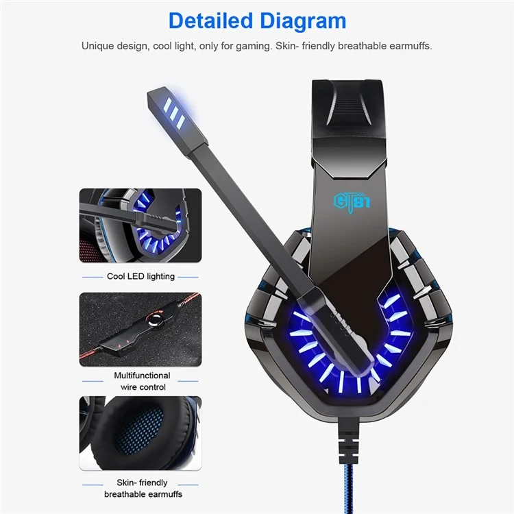 OVLENG GT81 E-sports Earphone USB+2x3.5mm Wired Headphone Noise Reduction Microphone Over-ear LED Lighting Gaming Headset - Black  /  Blue