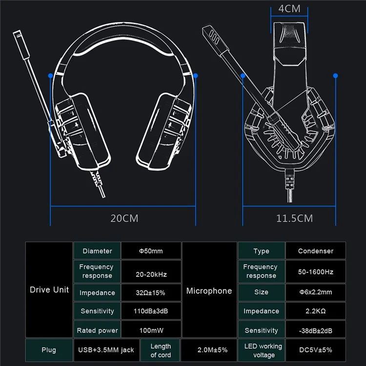 OVLENG GT81 E-sports Earphone USB+2x3.5mm Wired Headphone Noise Reduction Microphone Over-ear LED Lighting Gaming Headset - Black  /  Blue