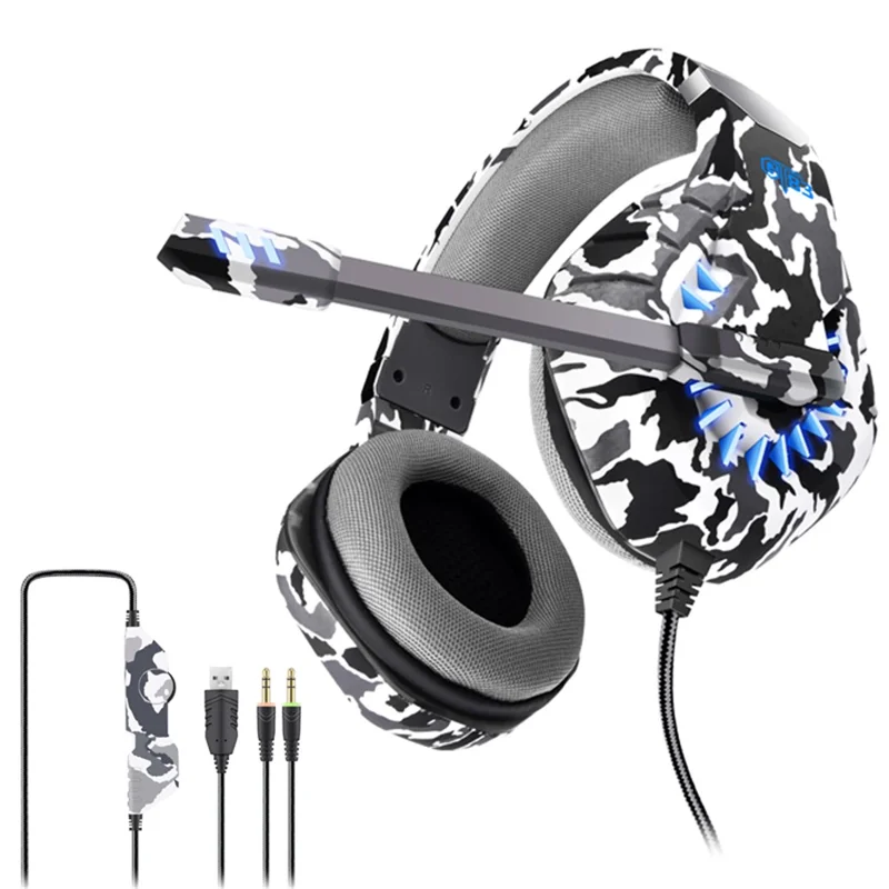 OVLENG GT83 Camouflage Head-mounted Gaming Headset LED Lighting E-Sport Headphones for PC, USB+2*3.5mm Plug - Camouflage Grey